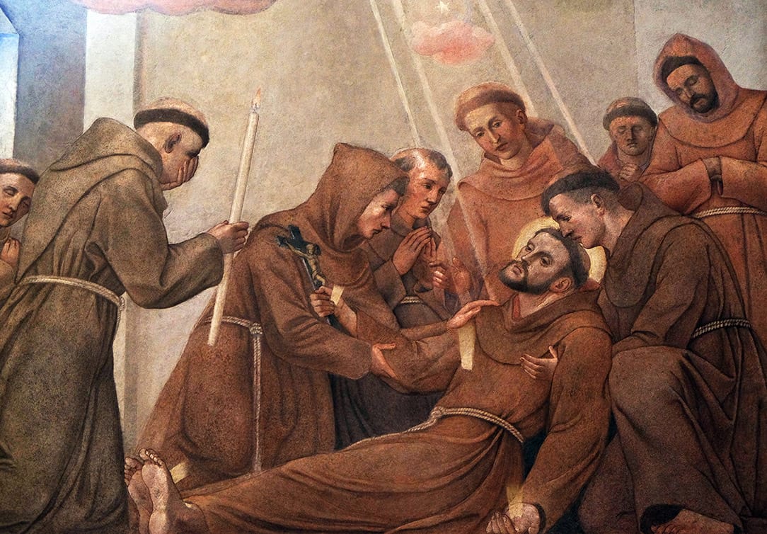 In this fresco painting by Matevž Langus from the Franciscan Church in Ljubljana, Slovenia, St. Francis is surrounded by his brothers.