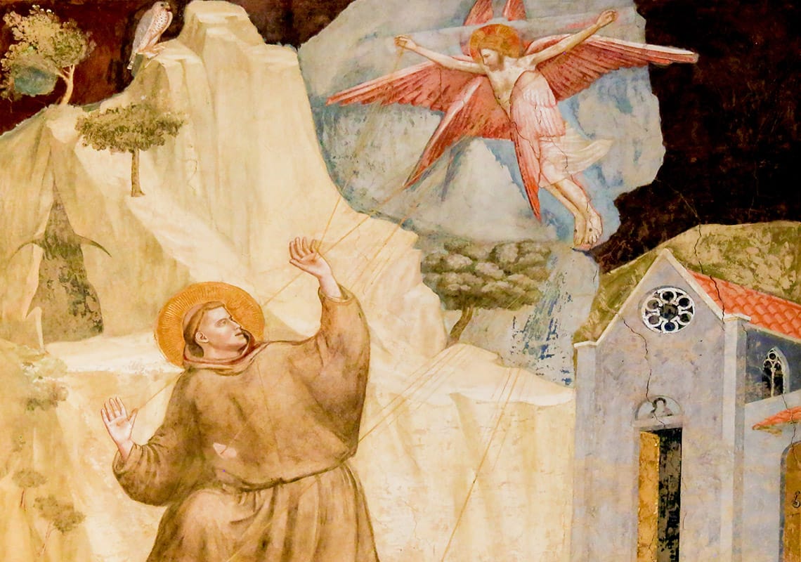 Fresco painting by Giotto depicting the stigmatization of St. Francis. An angelic figure of the Crucified Christ with wings appears to Francis.