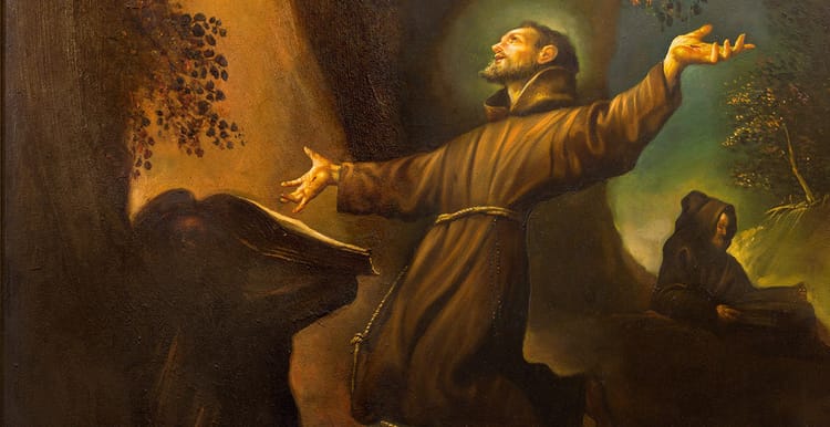 St. Francis of Assisi is depicted in this painting kneeling with his hands outstreched as he receives the Sacred Stigmata.